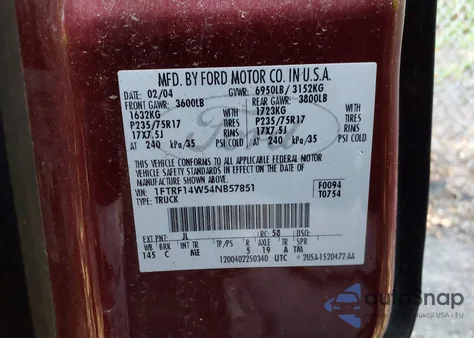 2004 Ford F-150 Stx/Xl/Xlt из США, поврежденный, VIN 1FTRF14W54NB57851